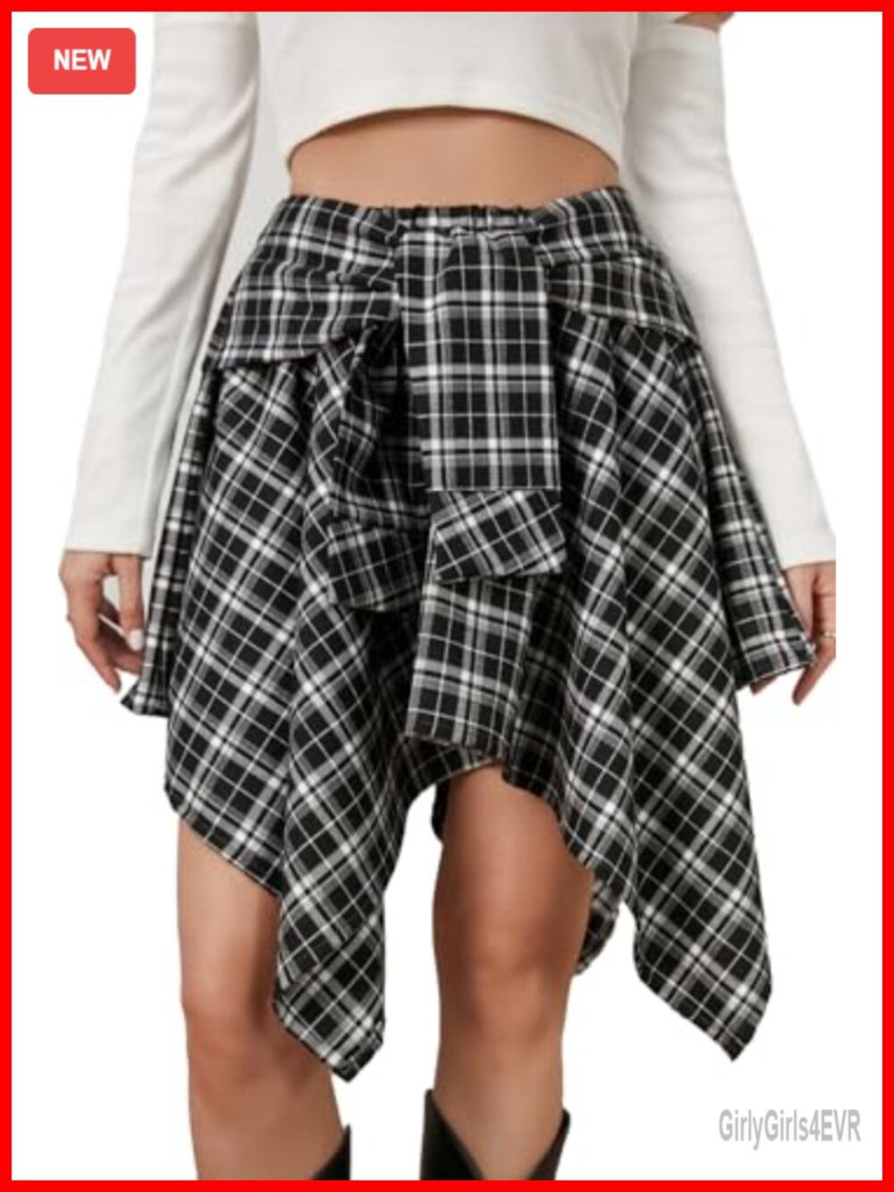 Plaid Mini Skater Skirt Elastic Waist Knot Front Irregular Hem A-Line